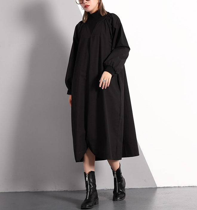 stylish black fall dress plus size clothing Turtleneck cotton blended maxi dress vintage front side open false two pieces cotton blended caftans
