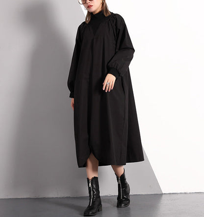 stylish black fall dress plus size clothing Turtleneck cotton blended maxi dress vintage front side open false two pieces cotton blended caftans