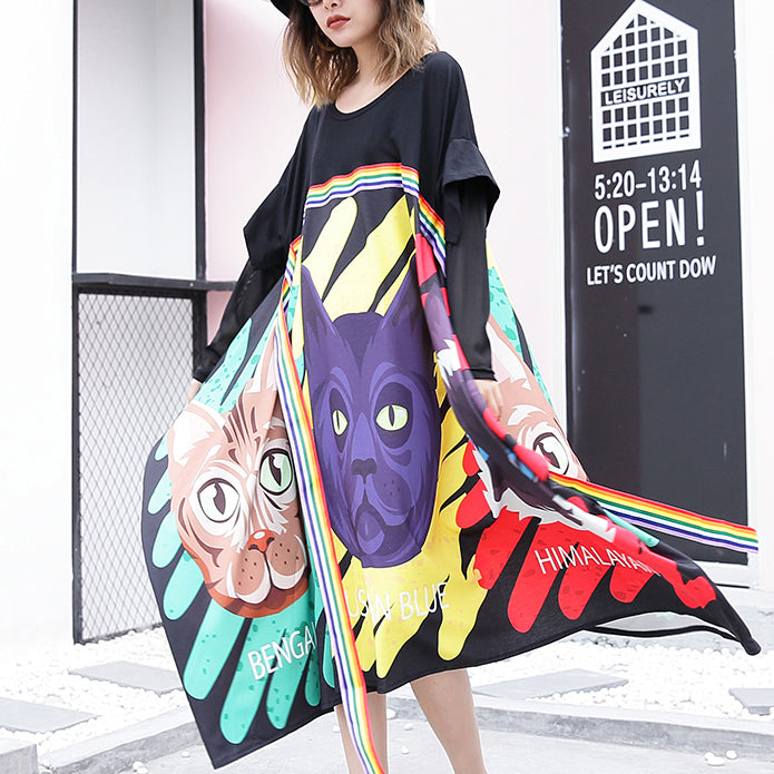 stylish black print cotton dress Loose fitting patchwork tulle cotton gown casual asymmetric hem kaftans