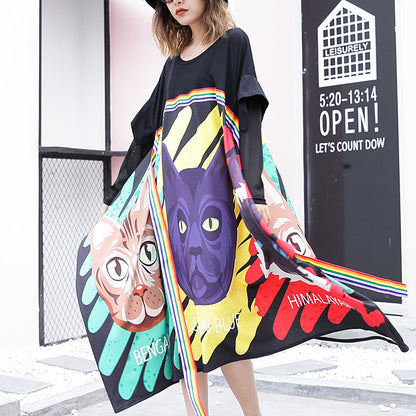 stylish black print cotton dress Loose fitting patchwork tulle cotton gown casual asymmetric hem kaftans