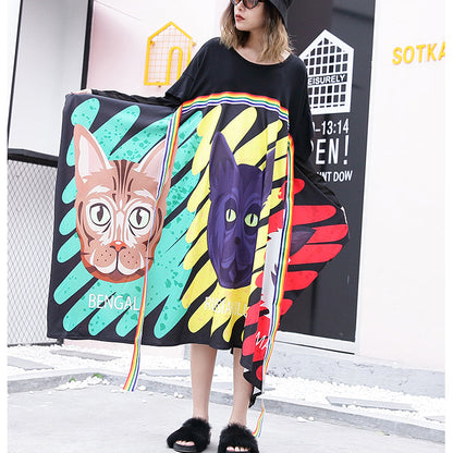 stylish black print cotton dress Loose fitting patchwork tulle cotton gown casual asymmetric hem kaftans