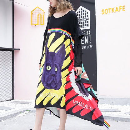 stylish black print cotton dress Loose fitting patchwork tulle cotton gown casual asymmetric hem kaftans