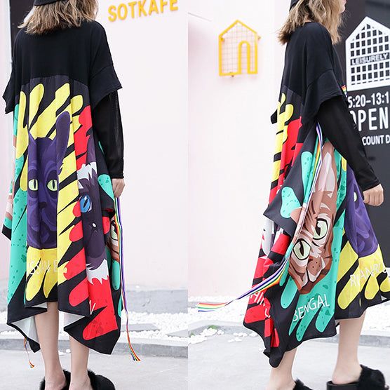 stylish black print cotton dress Loose fitting patchwork tulle cotton gown casual asymmetric hem kaftans