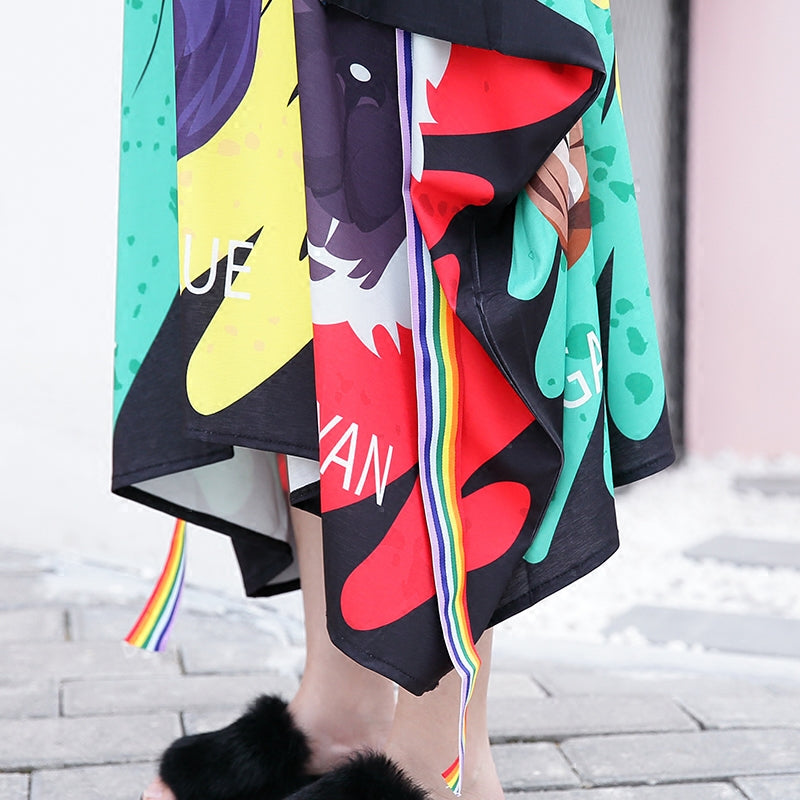 stylish black print cotton dress Loose fitting patchwork tulle cotton gown casual asymmetric hem kaftans