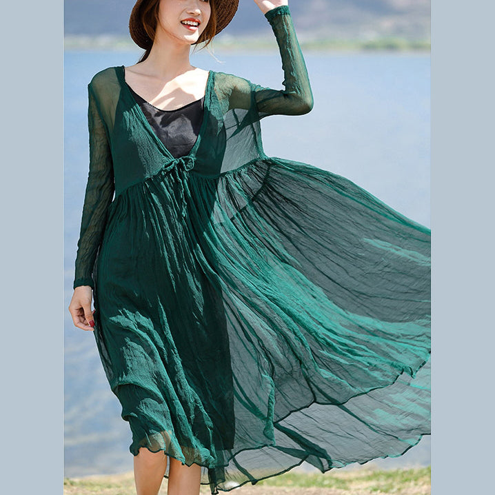 stylish blackish green silk caftans plus size v neck silk maxi dress boutique long sleeve baggy dresses large hem long dresses
