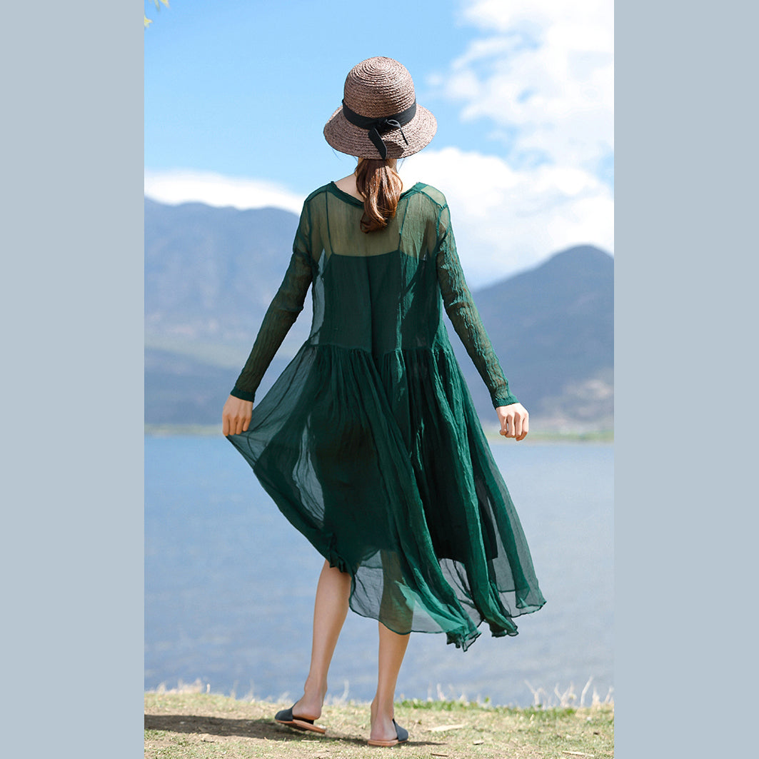 stylish blackish green silk caftans plus size v neck silk maxi dress boutique long sleeve baggy dresses large hem long dresses