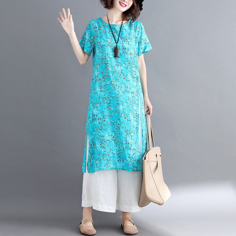 stylish blue cotton linen dresses Loose fitting short sleeve long cotton dresses vintage o neck traveling dress