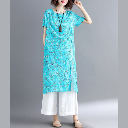 stylish blue cotton linen dresses Loose fitting short sleeve long cotton dresses vintage o neck traveling dress