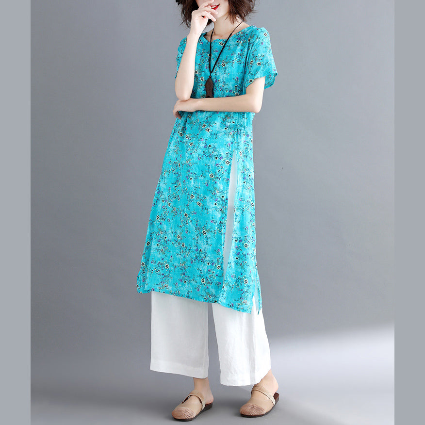 stylish blue cotton linen dresses Loose fitting short sleeve long cotton dresses vintage o neck traveling dress