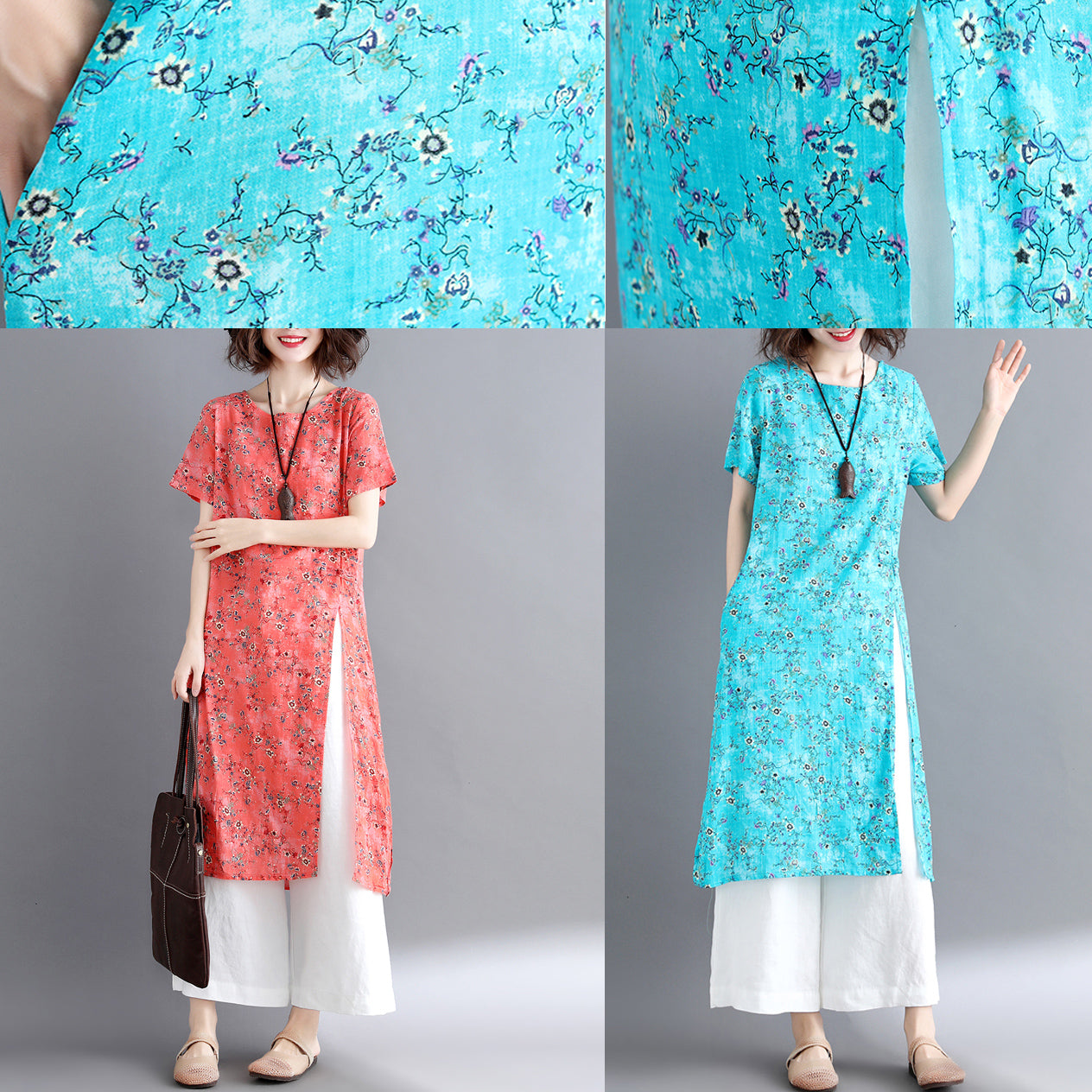 stylish blue cotton linen dresses Loose fitting short sleeve long cotton dresses vintage o neck traveling dress