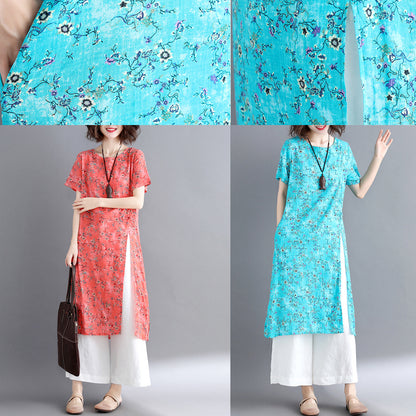 stylish blue cotton linen dresses Loose fitting short sleeve long cotton dresses vintage o neck traveling dress