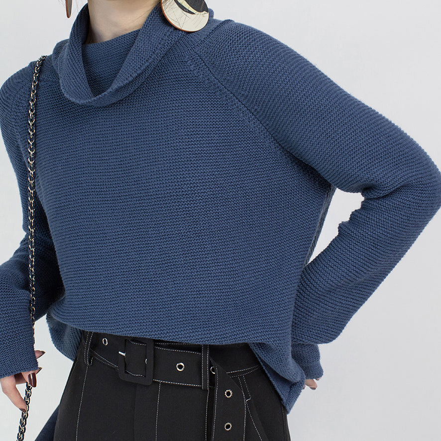 stylish blue cozy sweater Loose fitting high neck knit sweat tops vintage blouse