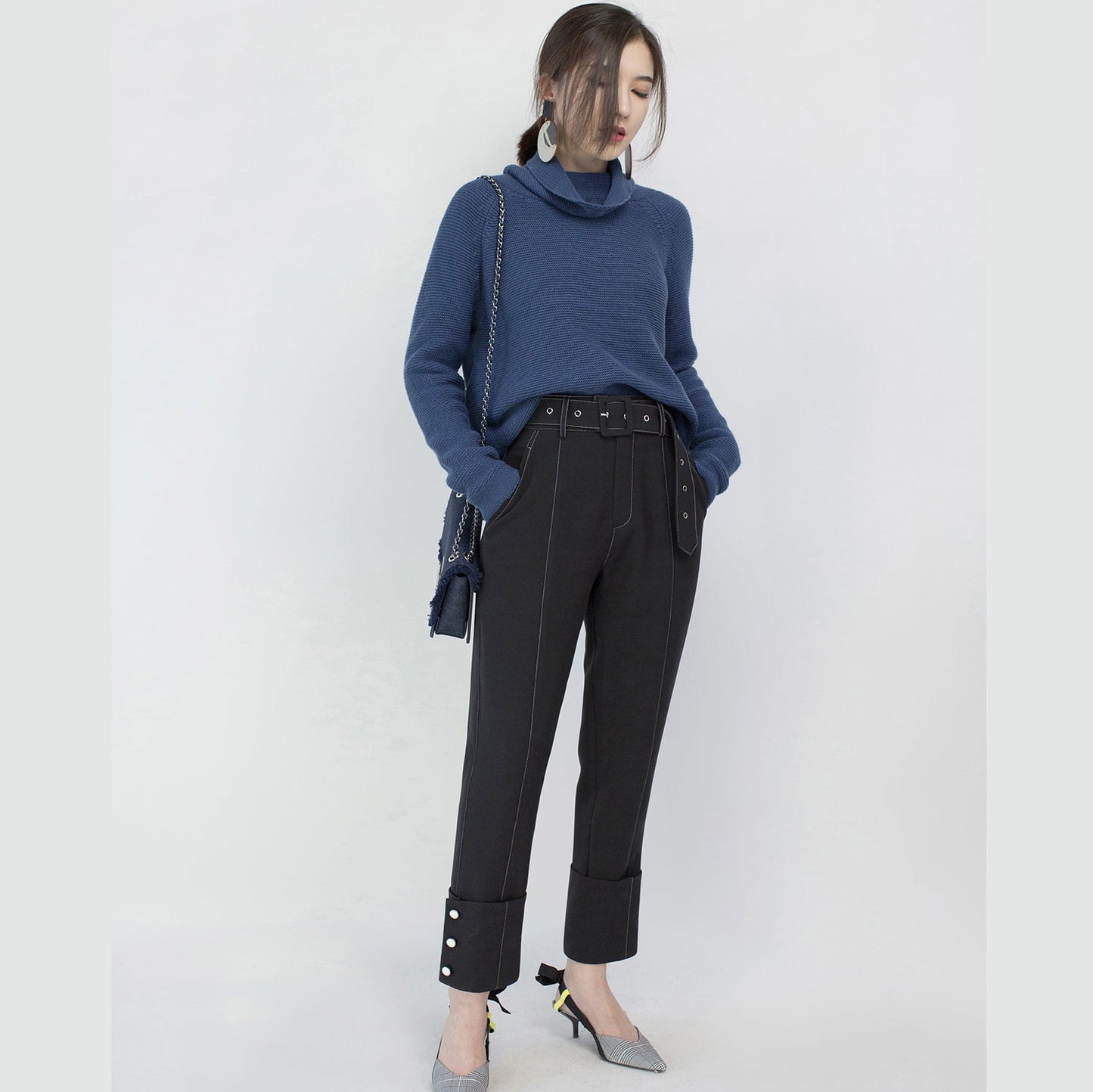 stylish blue cozy sweater Loose fitting high neck knit sweat tops vintage blouse