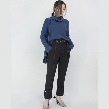 stylish blue cozy sweater Loose fitting high neck knit sweat tops vintage blouse