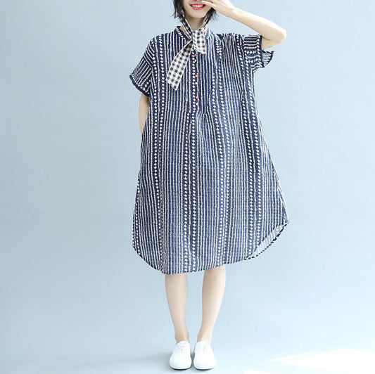 stylish blue floral Midi-length cotton dress plus size clothing cotton maxi dress Fine short sleeve pockets Stand baggy dresses