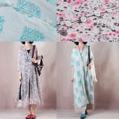 stylish blue print long linen dresses plus size clothing v neck side open traveling dress Fine half sleeve gown