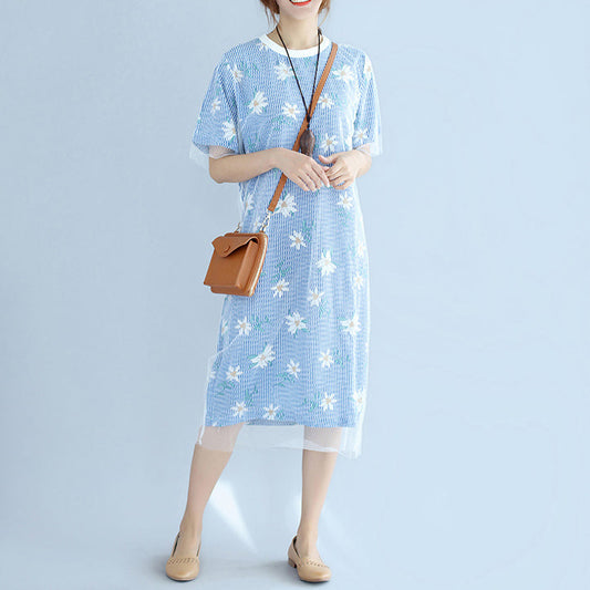 stylish blue striped cotton dresses oversized cotton clothing dress 2018 short sleeve prints cotton dress