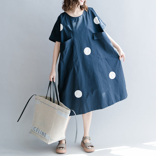 stylish dark blue dotted natural cotton dress casual holiday dresses vintage short sleeve O neck baggy dresses