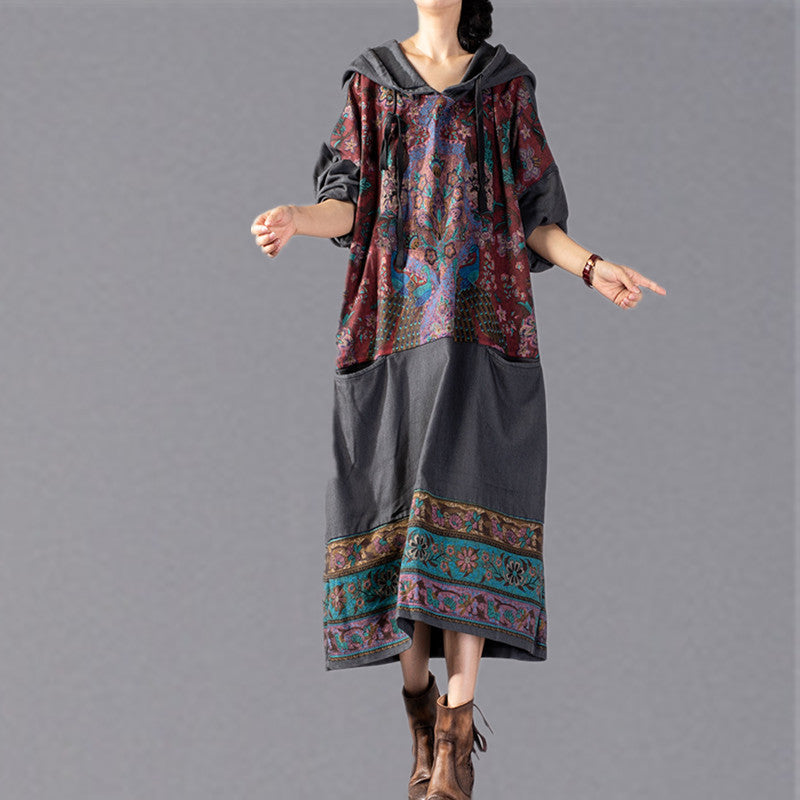 stylish gray print 2018 oversize Hooded baggy maxi dress Fine patchwork cotton dresses
