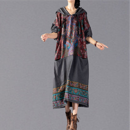 stylish gray print 2018 oversize Hooded baggy maxi dress Fine patchwork cotton dresses