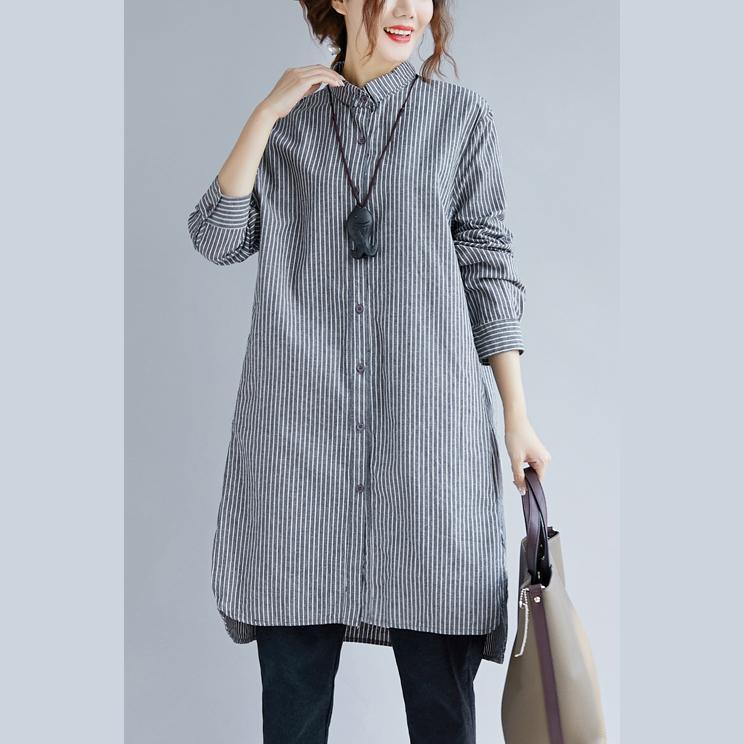 stylish gray striped cotton linen shirt dress trendy plus size shirt dress boutique long sleeve pockets Turn-down Collar patchwork natural cotton linen shirt dress