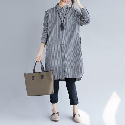 stylish gray striped cotton linen shirt dress trendy plus size shirt dress boutique long sleeve pockets Turn-down Collar patchwork natural cotton linen shirt dress