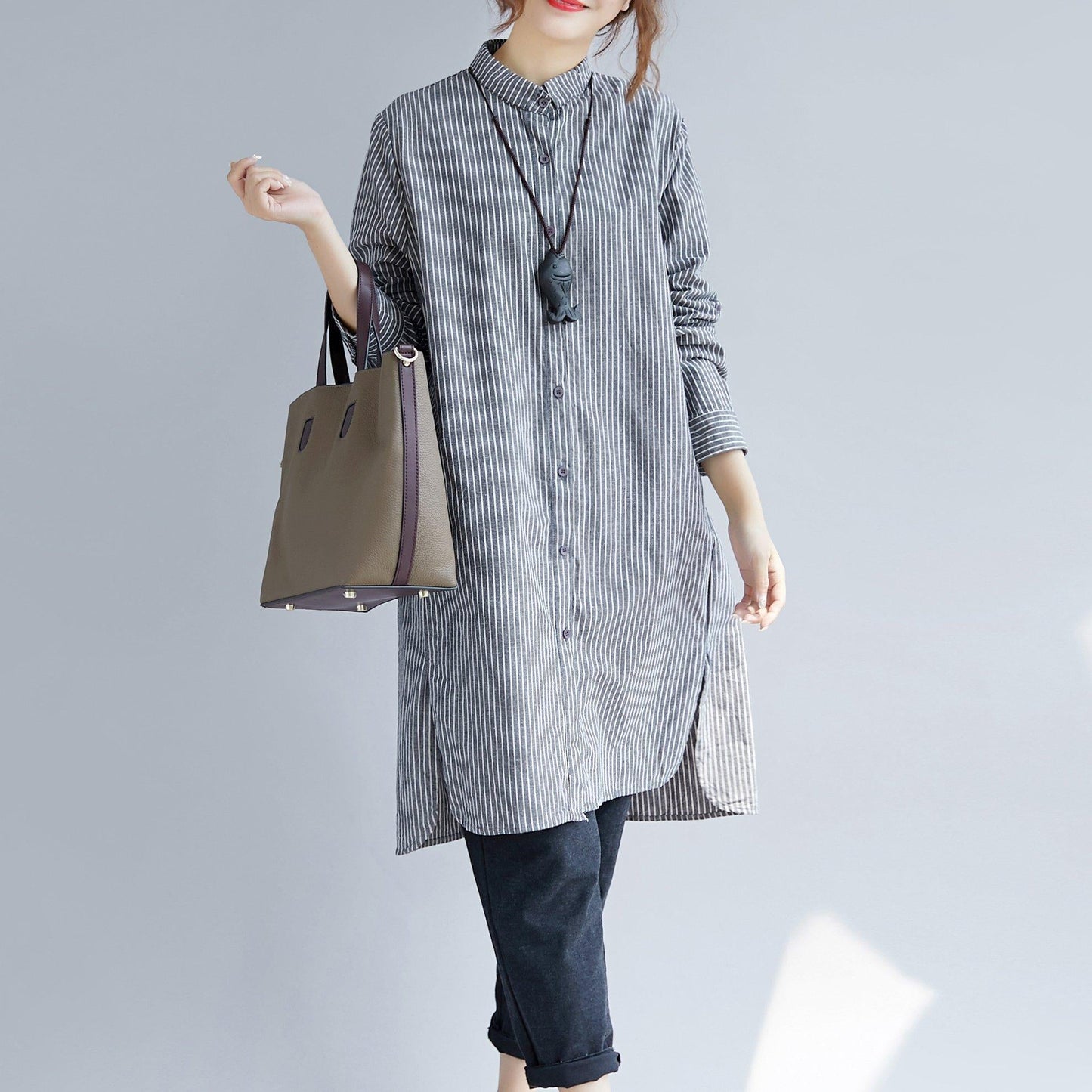 stylish gray striped cotton linen shirt dress trendy plus size shirt dress boutique long sleeve pockets Turn-down Collar patchwork natural cotton linen shirt dress