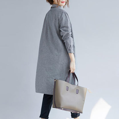stylish gray striped cotton linen shirt dress trendy plus size shirt dress boutique long sleeve pockets Turn-down Collar patchwork natural cotton linen shirt dress
