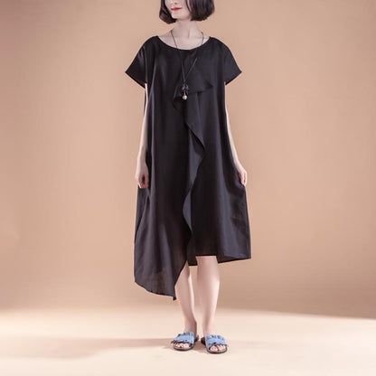 stylish linen summer dress casual Short Sleeve High-low Hem Summer Casual Black Dress