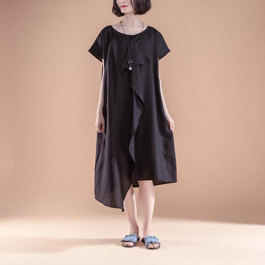 stylish linen summer dress casual Short Sleeve High-low Hem Summer Casual Black Dress