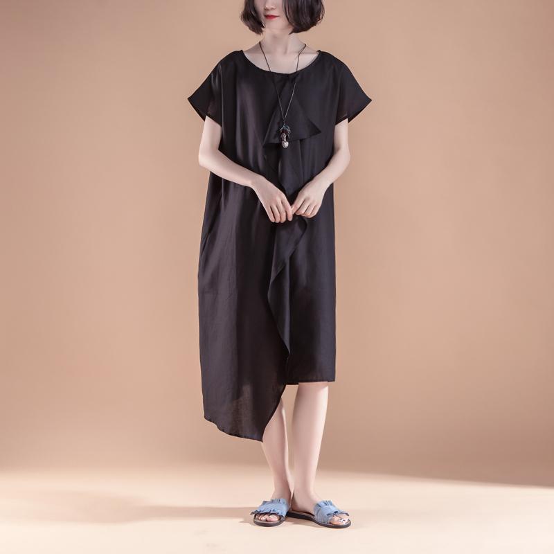 stylish linen summer dress casual Short Sleeve High-low Hem Summer Casual Black Dress
