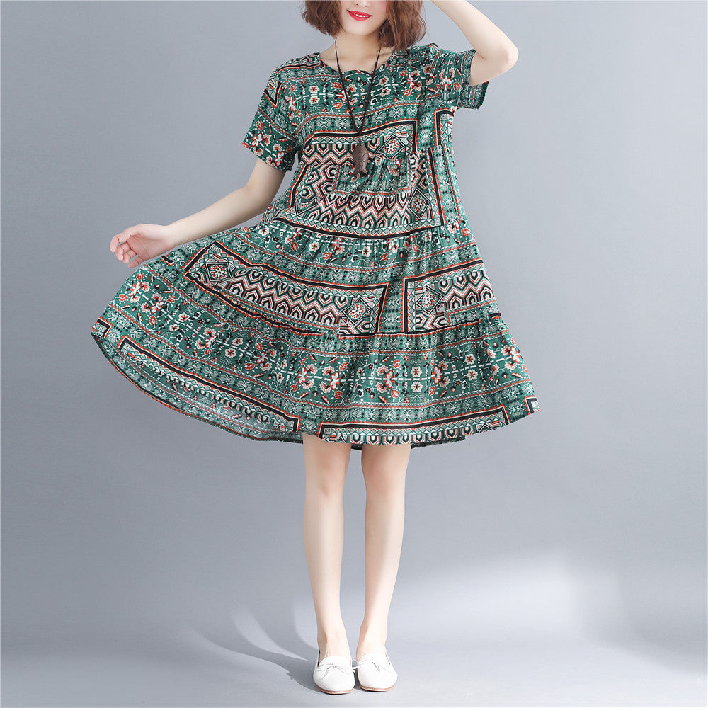 stylish print cotton linen dresses plus size short sleeve baggy dresses Fine o neck cotton linen dresses
