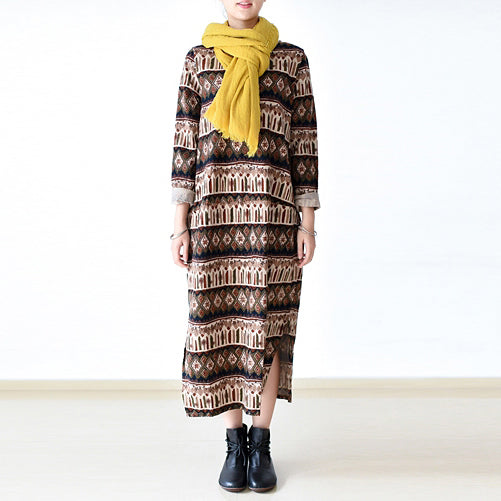 stylish print striped cotton maxi dress trendy plus size o neck long cotton dresses casual linen clothing dress