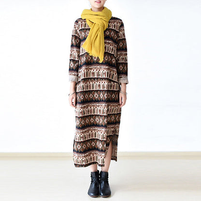 stylish print striped cotton maxi dress trendy plus size o neck long cotton dresses casual linen clothing dress