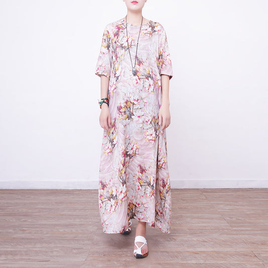 stylish prints linen maxi dress oversized o neck traveling clothing New half sleeve maxi dresses