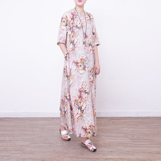 stylish prints linen maxi dress oversized o neck traveling clothing New half sleeve maxi dresses