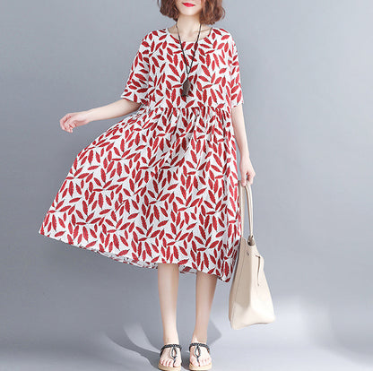 stylish red cotton knee dress casual cotton dress 2018 short sleeve baggy dresses o neck print cotton clothing dress