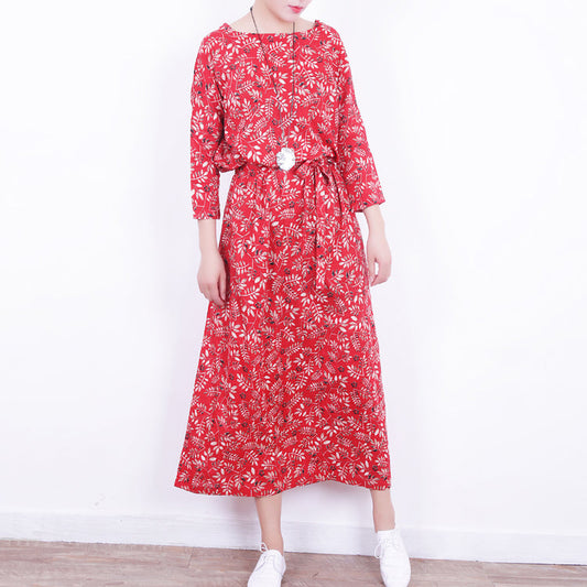 stylish red floral linen dress casual o neck caftans New tie waist maxi dresses