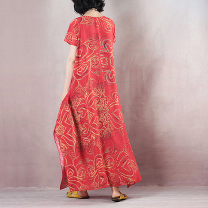 stylish red linen maxi dress casual O neck print traveling clothing women short sleeve baggy dresses linen caftans