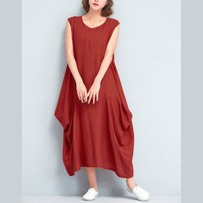 stylish red long cotton polyester dresses Loose fitting sleeveless maxi dress vintage caftans