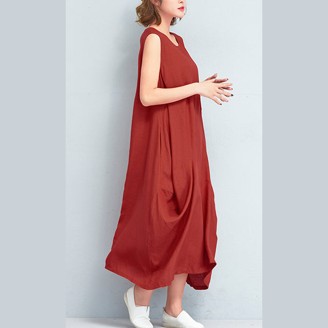 stylish red long cotton polyester dresses Loose fitting sleeveless maxi dress vintage caftans