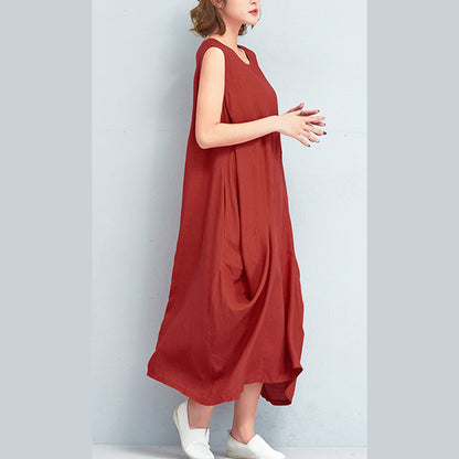 stylish red long cotton polyester dresses Loose fitting sleeveless maxi dress vintage caftans