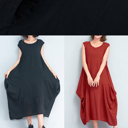 stylish red long cotton polyester dresses Loose fitting sleeveless maxi dress vintage caftans