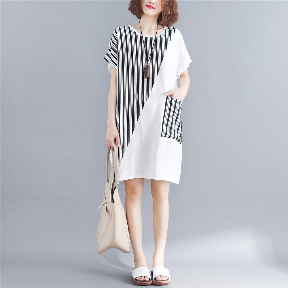 stylish white natural cotton dress oversize maxi dress women short sleeve patchwork O neck dress