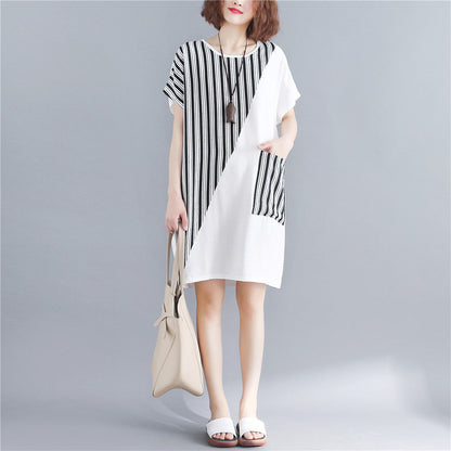 stylish white natural cotton dress oversize maxi dress women short sleeve patchwork O neck dress
