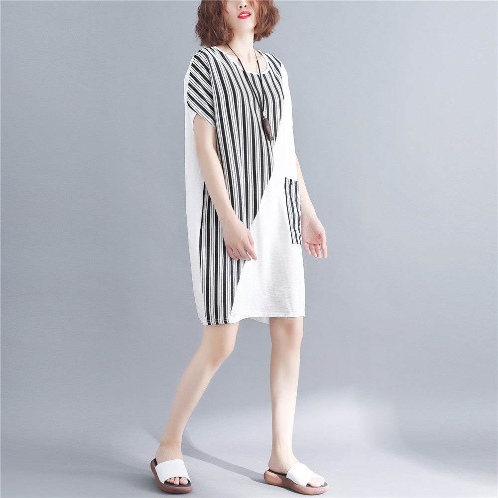 stylish white natural cotton dress oversize maxi dress women short sleeve patchwork O neck dress