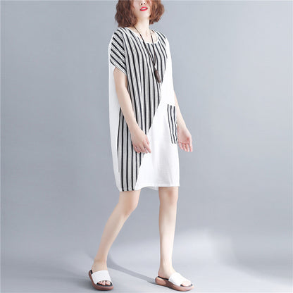 stylish white natural cotton dress oversize maxi dress women short sleeve patchwork O neck dress