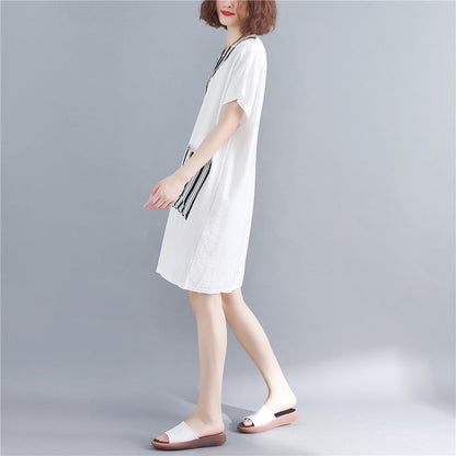 stylish white natural cotton dress oversize maxi dress women short sleeve patchwork O neck dress