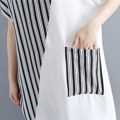 stylish white natural cotton dress oversize maxi dress women short sleeve patchwork O neck dress