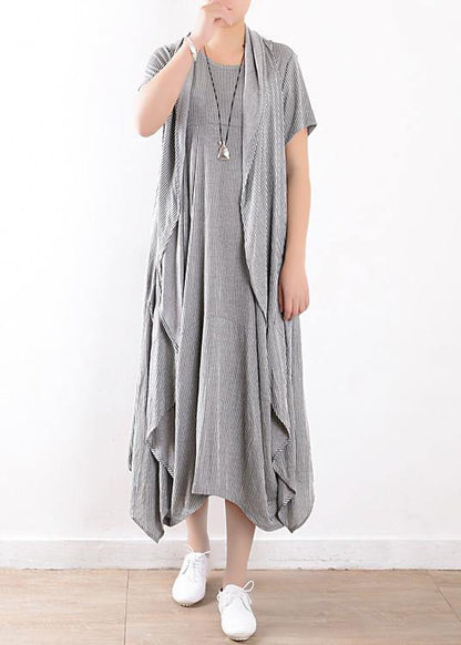 summer new gray original design striped dress long dresses and vest outside wearing casual suit - SooLinen